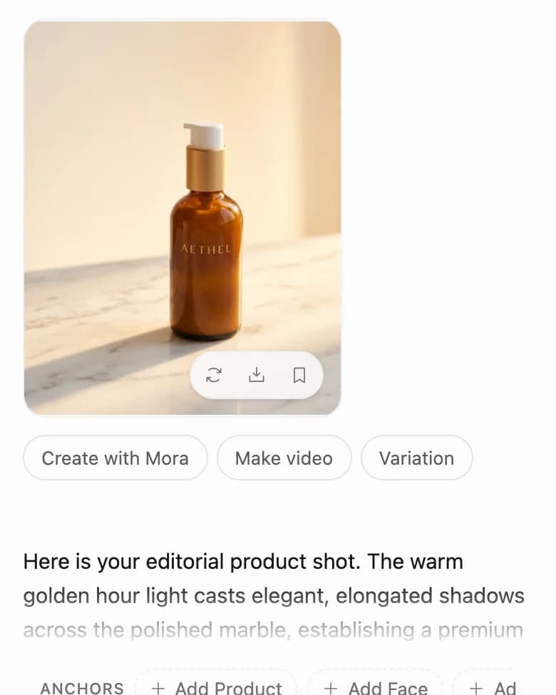 A finished editorial product image inside Mora, with follow-up actions and the brand-aware explanation beneath it
