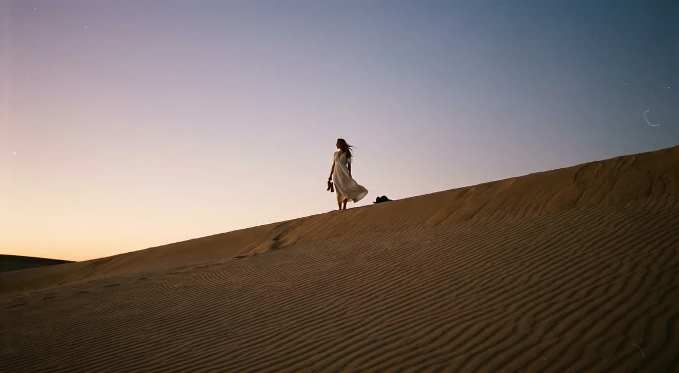 A tiny silhouette in a white dress atop a sand dune ridge against a vast sky
