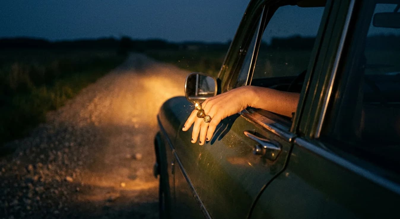 A ringed hand resting on gravel, lit by a car's headlight beam at night