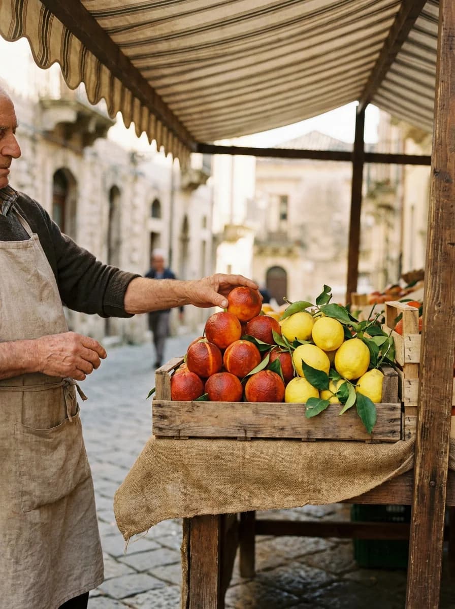 A citrus vendor at a Mediterranean market stall