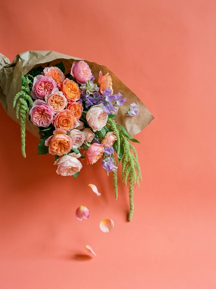 Saturated coral flat-lay with floating flower petals