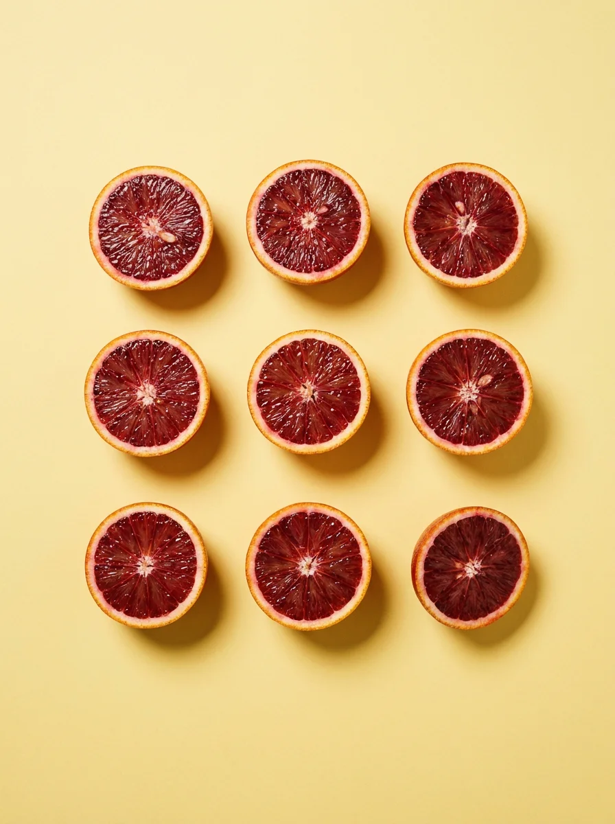 Citrus halves arranged in a grid on a golden field