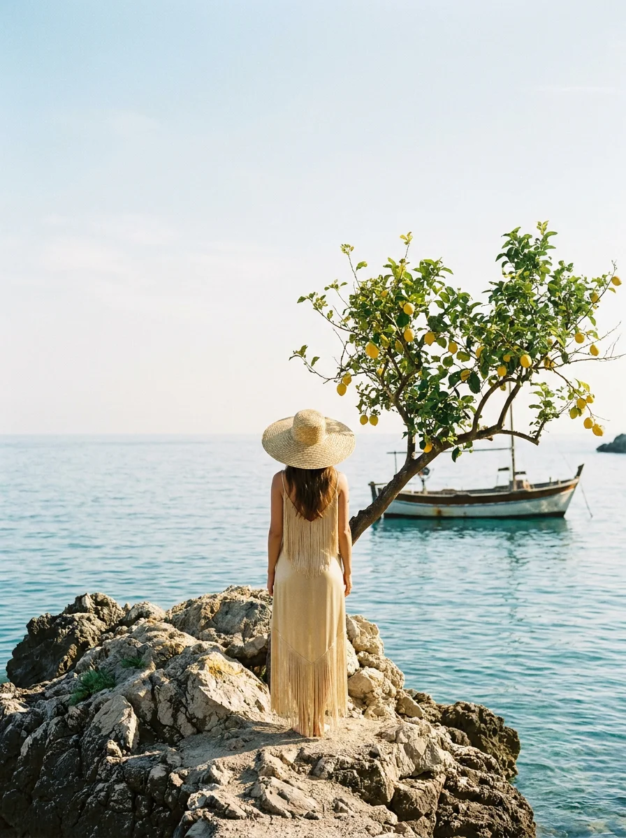 Coastal fashion editorial, shot from behind against the shoreline